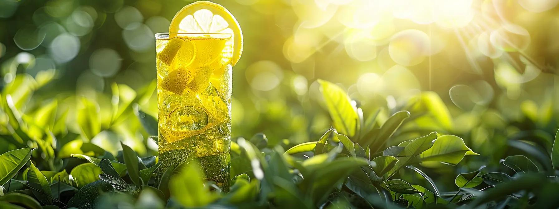 a vibrant, lemon-colored energy drink is positioned against a backdrop of lush green sports terrain, radiating a dynamic sense of hydration and vitality, illuminated by warm, natural sunlight.