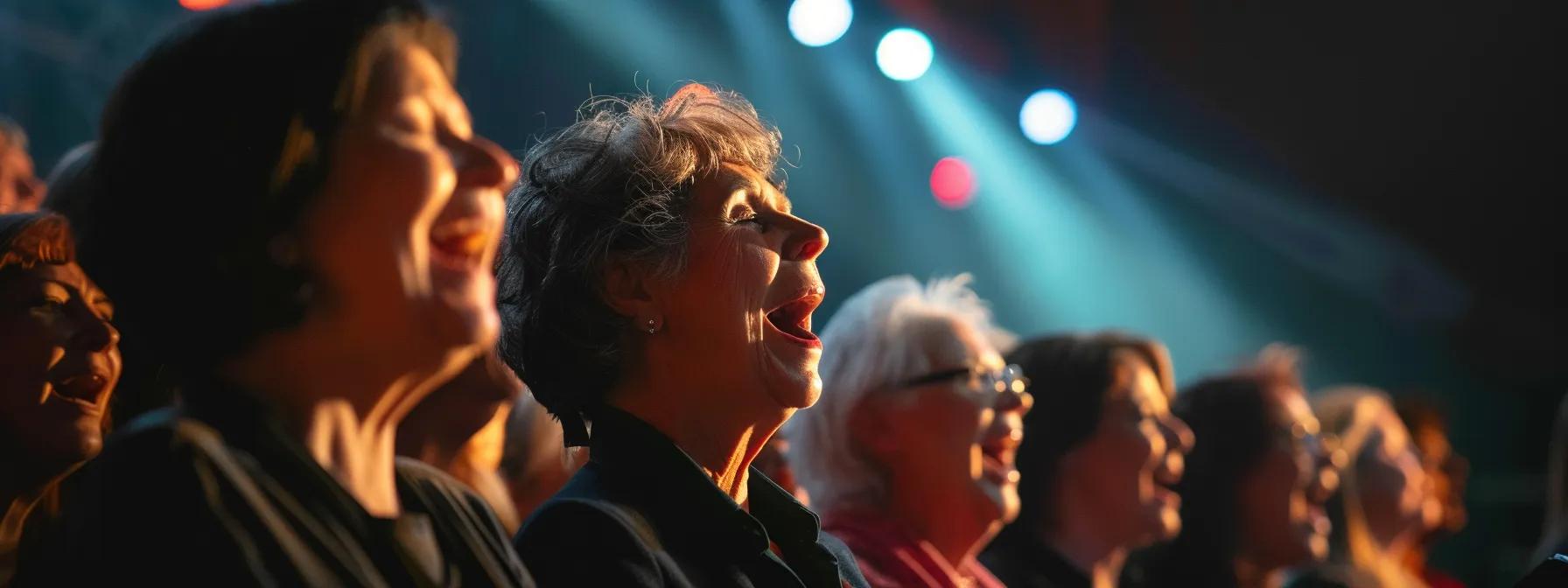 a vibrant, lively indoor choir rehearsal captures diverse participants joyfully singing together, with beams of soft, focused stage lighting illuminating their faces, highlighting the emotional connection and upliftment that comes from shared musical expression. a vibrant, lively indoor choir rehearsal captures diverse participants joyfully singing together, with beams of soft, focused stage lighting illuminating their faces, highlighting the emotional connection and upliftment that comes from shared musical expression.