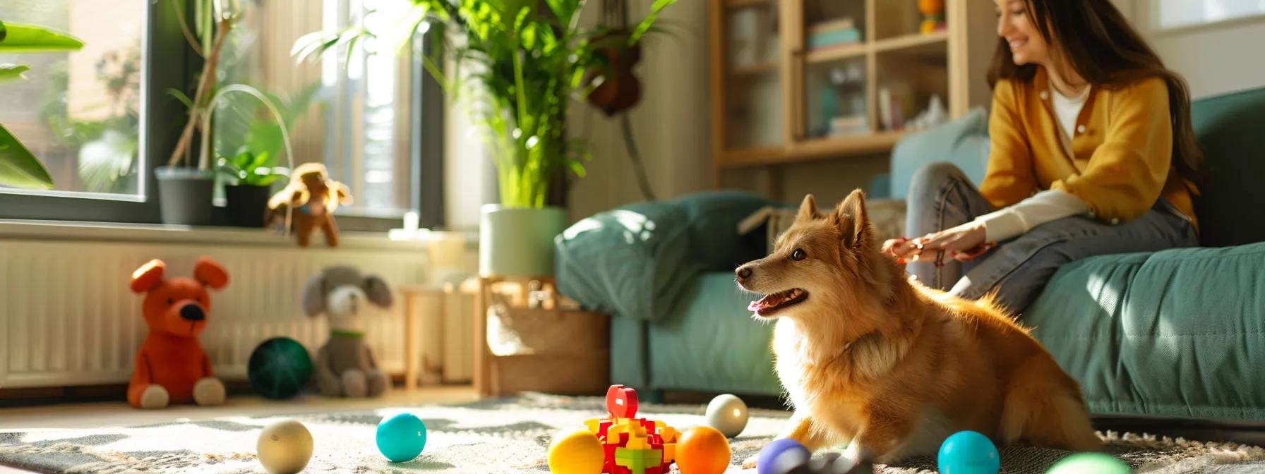 a vibrant living room scene showcases an excited dog engaging with a colorful interactive puzzle toy, surrounded by various toys and an attentive owner observing the playtime dynamics under warm, inviting lighting. a vibrant living room scene showcases an excited dog engaging with a colorful interactive puzzle toy, surrounded by various toys and an attentive owner observing the playtime dynamics under warm, inviting lighting.