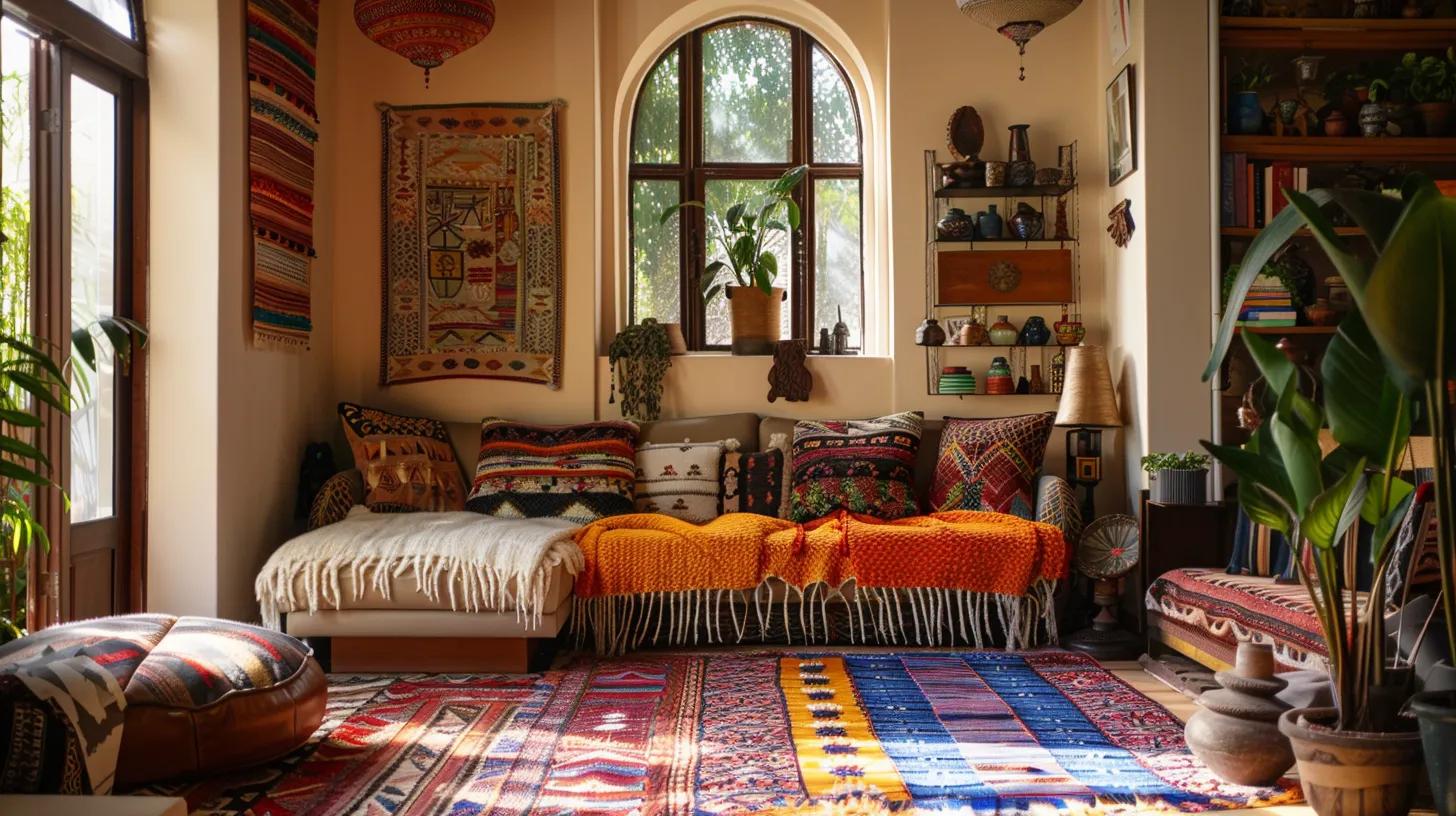 a vibrant living room showcases a harmonious blend of global decor elements, featuring unique handmade crafts and vintage-modern furnishings, illuminated by warm natural light filtering through a large window. a vibrant living room showcases a harmonious blend of global decor elements, featuring unique handmade crafts and vintage-modern furnishings, illuminated by warm natural light filtering through a large window.
