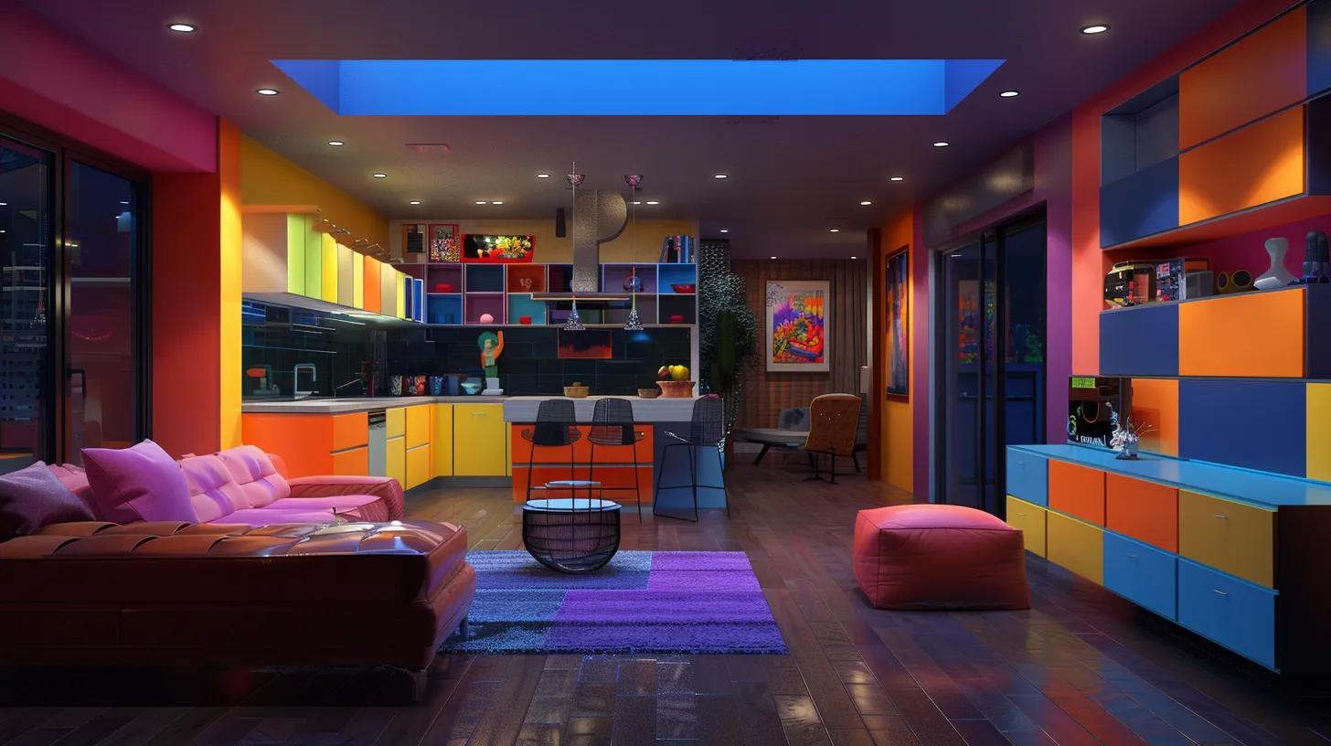 a vibrant living space showcases innovative decor ideas with bold colors on cabinetry and ceilings, highlighting unique custom furnishings and striking art installations that create a warm, inviting atmosphere. a vibrant living space showcases innovative decor ideas with bold colors on cabinetry and ceilings, highlighting unique custom furnishings and striking art installations that create a warm, inviting atmosphere.