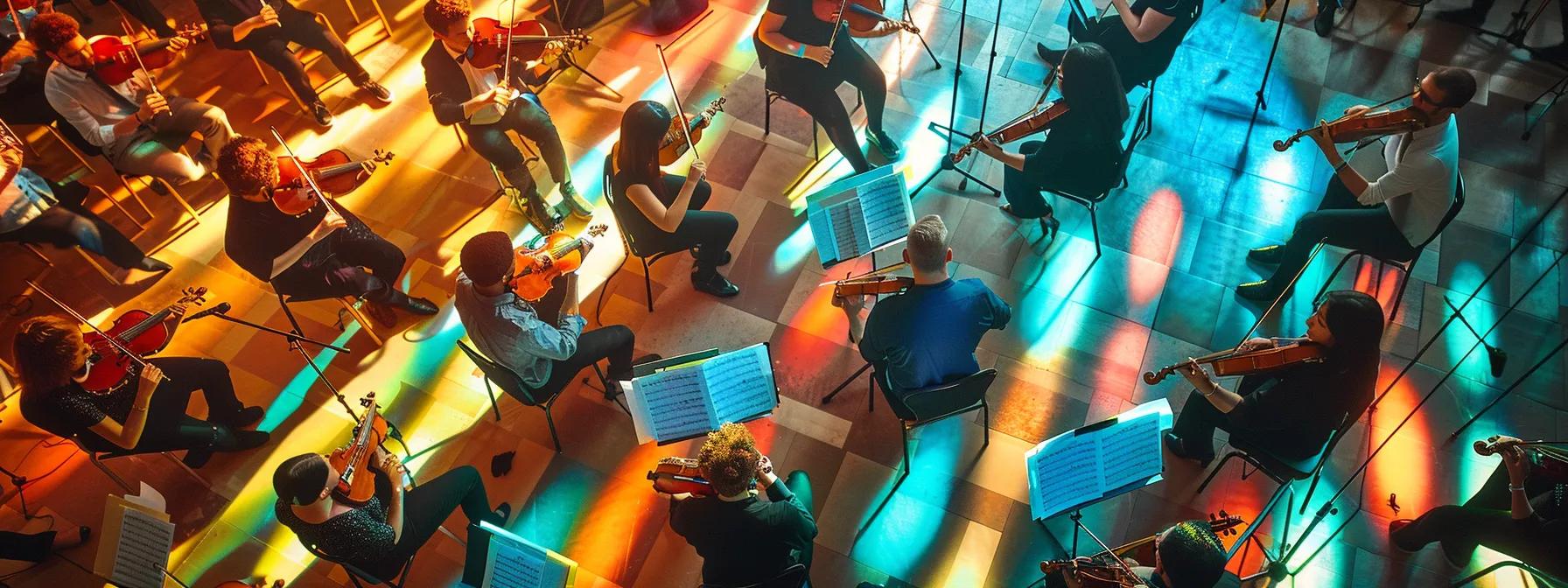 a vibrant local orchestra rehearsal unfolds under warm, natural light, capturing the camaraderie and passion of diverse musicians collaborating harmoniously on their instruments amidst colorful sheet music. a vibrant local orchestra rehearsal unfolds under warm, natural light, capturing the camaraderie and passion of diverse musicians collaborating harmoniously on their instruments amidst colorful sheet music.
