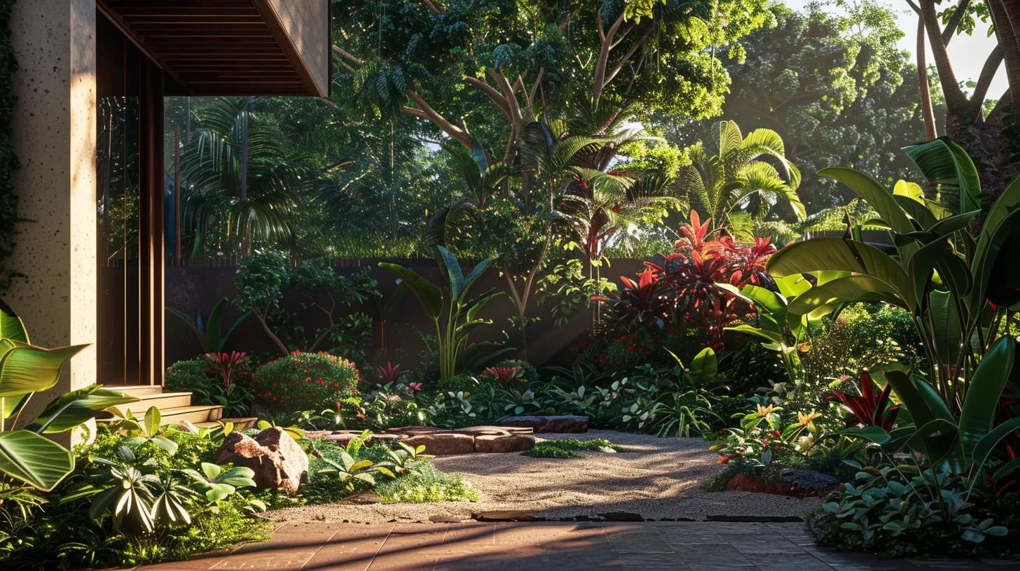 a vibrant, lush tropical garden seamlessly integrates with a modern custom home, showcasing an array of color-rich foliage and climate-adapted plants under bright, natural sunlight. a vibrant, lush tropical garden seamlessly integrates with a modern custom home, showcasing an array of color-rich foliage and climate-adapted plants under bright, natural sunlight.