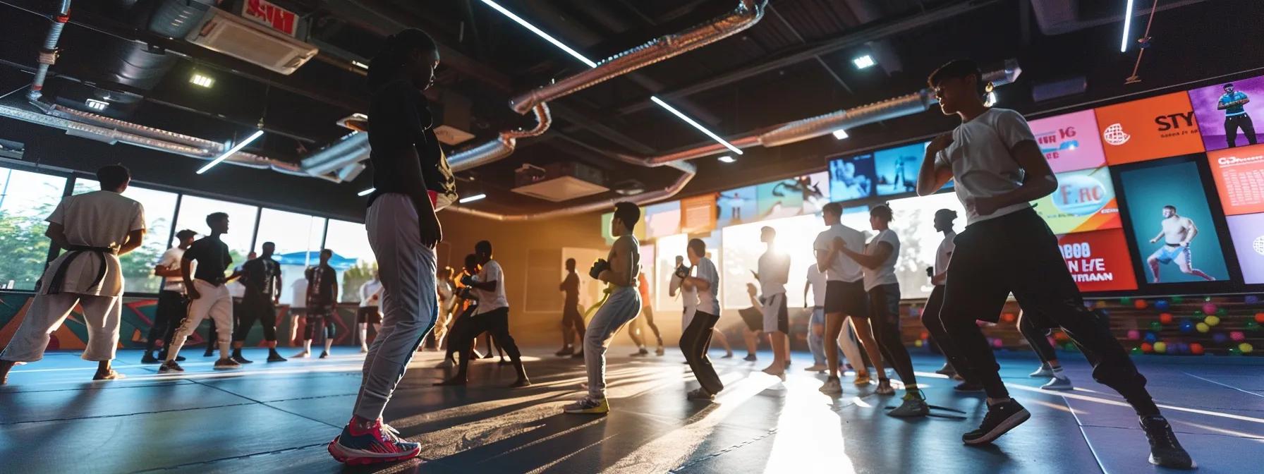 a vibrant martial arts school bustling with engaged students in training, accented by digital marketing visuals like graphs and social media ads on screens, highlighting the synergy of marketing strategies in a modern urban studio setting.