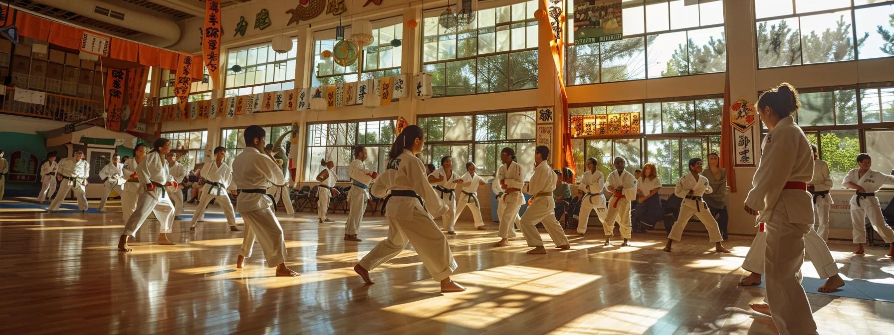 a vibrant martial arts school seminar in a bustling community center showcases diverse participants engaged in a self-defense workshop, with banners promoting local partnerships and the school's commitment to community engagement in the background. a vibrant martial arts school seminar in a bustling community center showcases diverse participants engaged in a self-defense workshop, with banners promoting local partnerships and the school's commitment to community engagement in the background.