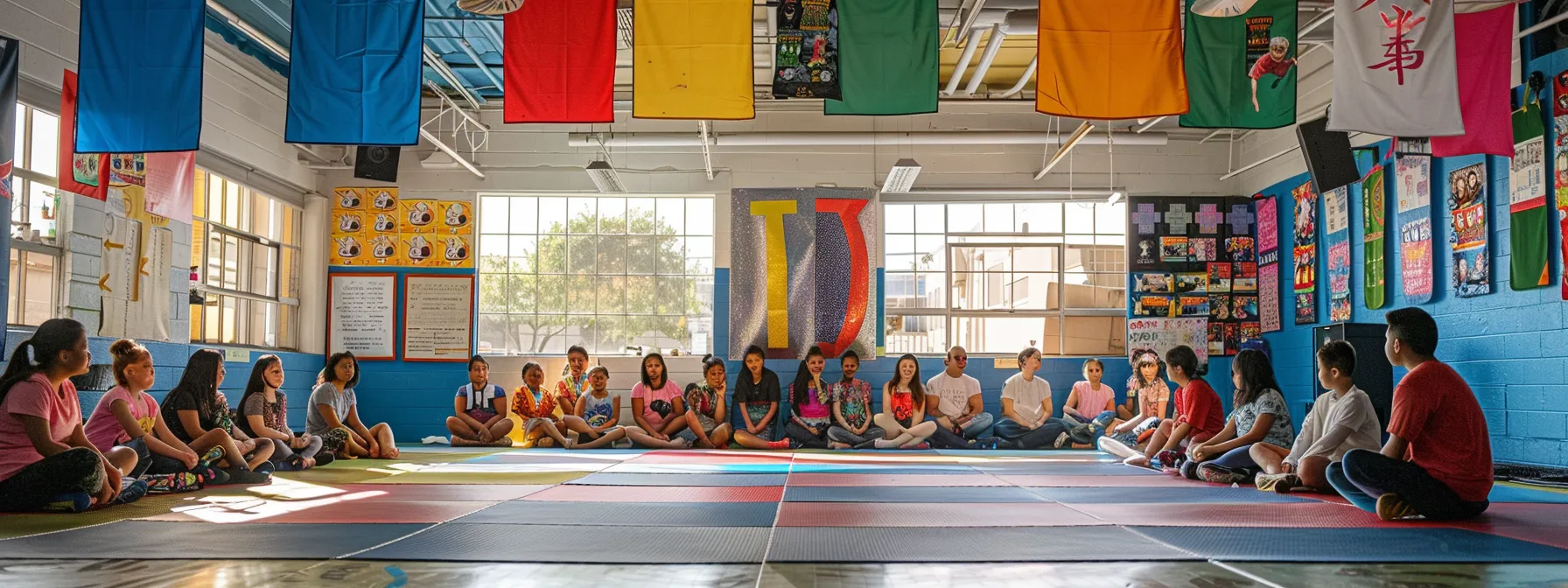 a vibrant martial arts studio filled with engaged parents attending an informative workshop, surrounded by colorful banners showcasing programs, while a skilled instructor leads a demonstration to promote strong school-parent relationships. a vibrant martial arts studio filled with engaged parents attending an informative workshop, surrounded by colorful banners showcasing programs, while a skilled instructor leads a demonstration to promote strong school-parent relationships.