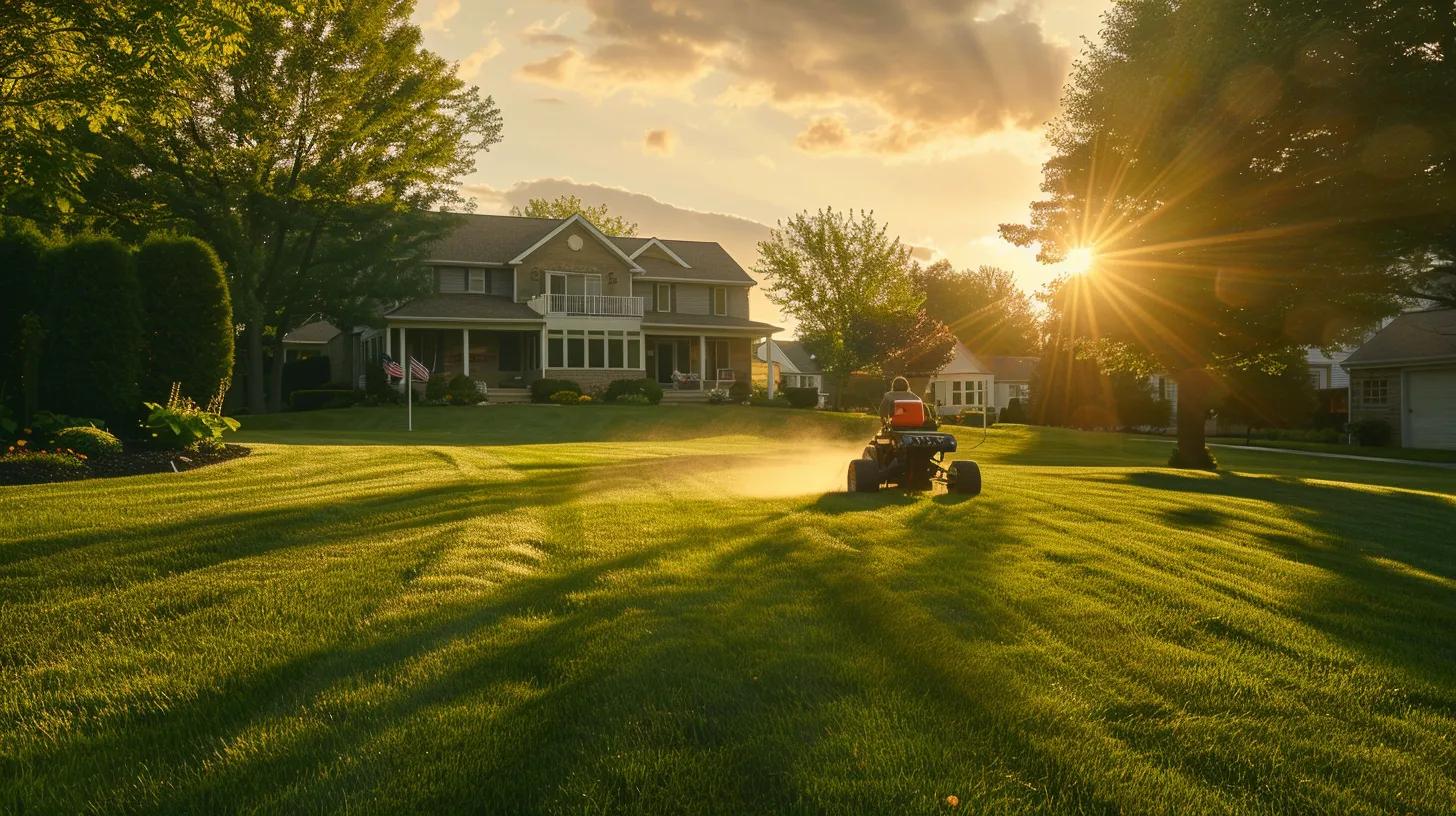 a vibrant, meticulously maintained residential lawn is showcased, with a professional aerator and overseeder prominently in the foreground, illustrating the transformative process of lawn care in a sunny suburban setting. a vibrant, meticulously maintained residential lawn is showcased, with a professional aerator and overseeder prominently in the foreground, illustrating the transformative process of lawn care in a sunny suburban setting.