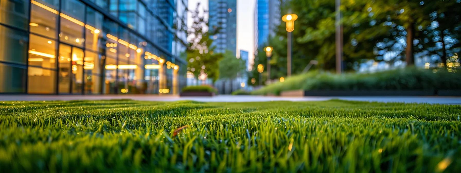 a vibrant, meticulously maintained urban lawn showcases the results of post-aeration practices, featuring freshly laid grass seeds and lush green patches amid a modern office backdrop, illuminated by soft warm lighting to highlight the landscape's rejuvenation. a vibrant, meticulously maintained urban lawn showcases the results of post-aeration practices, featuring freshly laid grass seeds and lush green patches amid a modern office backdrop, illuminated by soft warm lighting to highlight the landscape's rejuvenation.