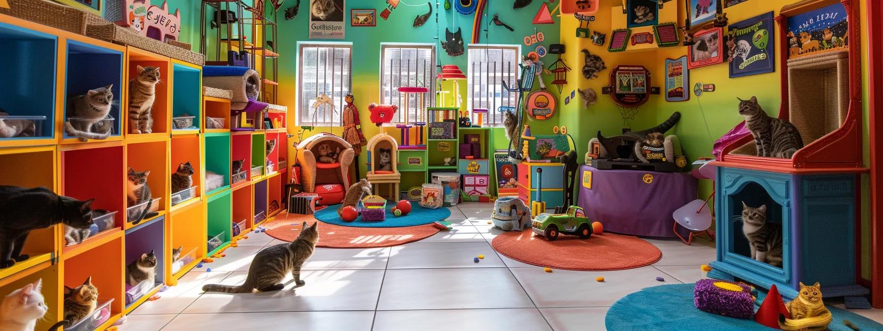 a vibrant, modern cat playroom filled with colorful toys and high-quality catnip packages prominently displayed, emphasizing the joyful and interactive behavior of playful cats engaged in spirited activities. a vibrant, modern cat playroom filled with colorful toys and high-quality catnip packages prominently displayed, emphasizing the joyful and interactive behavior of playful cats engaged in spirited activities.