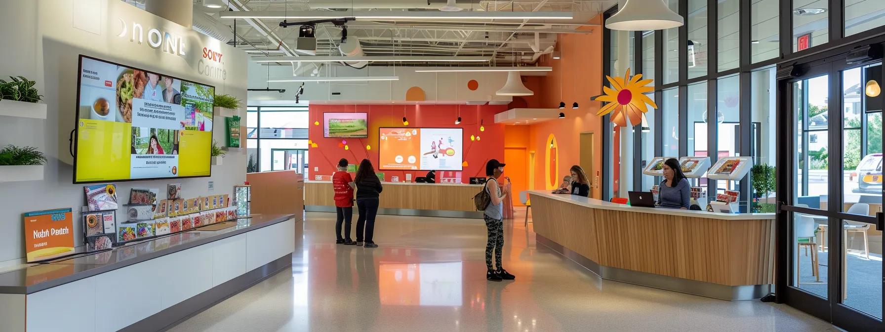 a vibrant, modern childcare center reception area is depicted, featuring a large screen displaying a virtual tour while parents engage with friendly staff at a digital enrollment kiosk, creating an inviting atmosphere filled with educational resources and glowing testimonials on display. a vibrant, modern childcare center reception area is depicted, featuring a large screen displaying a virtual tour while parents engage with friendly staff at a digital enrollment kiosk, creating an inviting atmosphere filled with educational resources and glowing testimonials on display.