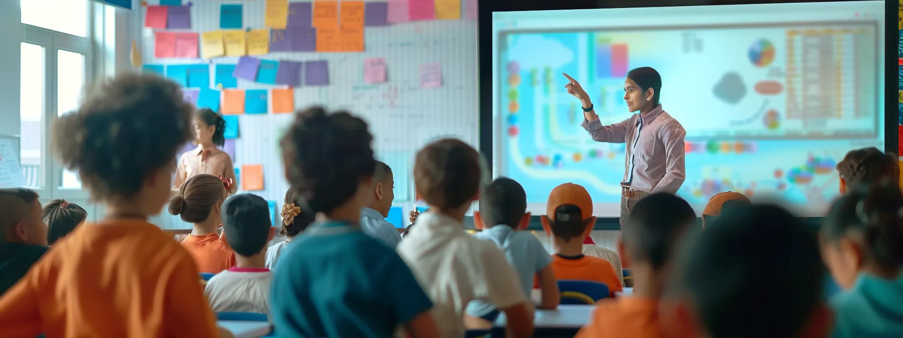 a vibrant, modern classroom filled with engaged students interacting with digital devices, while a dynamic instructor analyzes student progress displayed on a large screen, highlighting trends and opportunities for personalized learning. a vibrant, modern classroom filled with engaged students interacting with digital devices, while a dynamic instructor analyzes student progress displayed on a large screen, highlighting trends and opportunities for personalized learning.