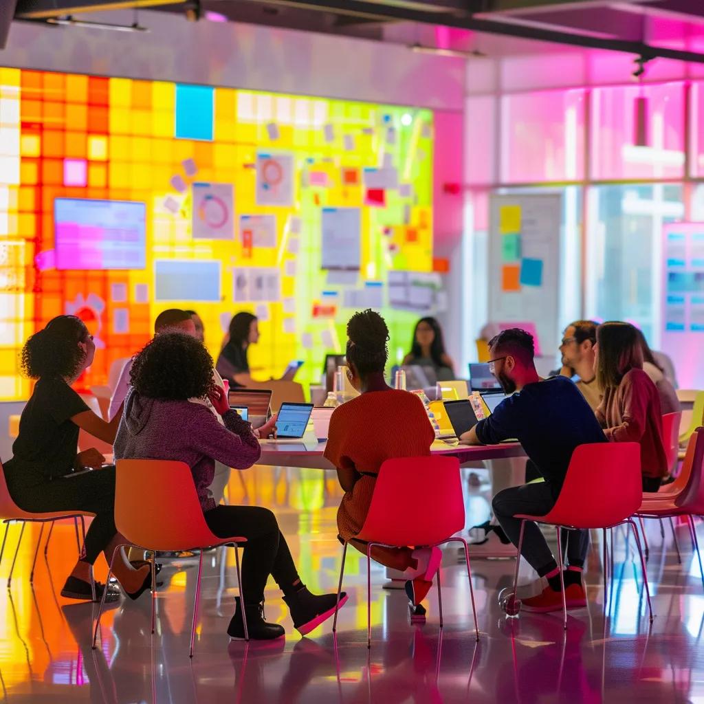 a vibrant, modern conference room filled with diverse participants actively engaging in a dynamic brainstorming session, with digital devices and colorful visual aids highlighting the innovative hacks to enhance support group participation in 2025.