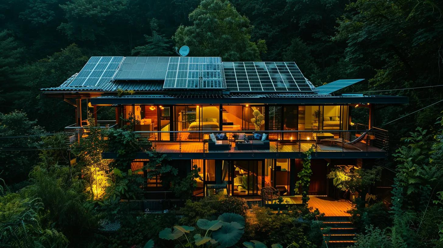 a vibrant, modern eco-friendly home nestled in a lush green landscape, showcasing solar panels and organic materials, illuminated by soft natural light, symbolizing the harmony between sustainable design and nature. a vibrant, modern eco-friendly home nestled in a lush green landscape, showcasing solar panels and organic materials, illuminated by soft natural light, symbolizing the harmony between sustainable design and nature.