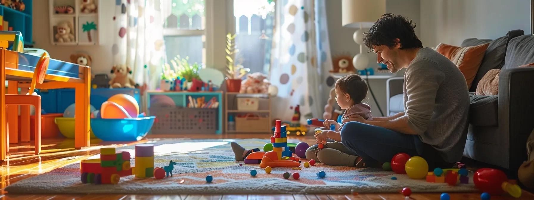a vibrant, modern family living room captures a parent attentively engaging with their young child amidst colorful toys and electronic devices, illustrating the challenges and dynamics of early childhood development and parenting.