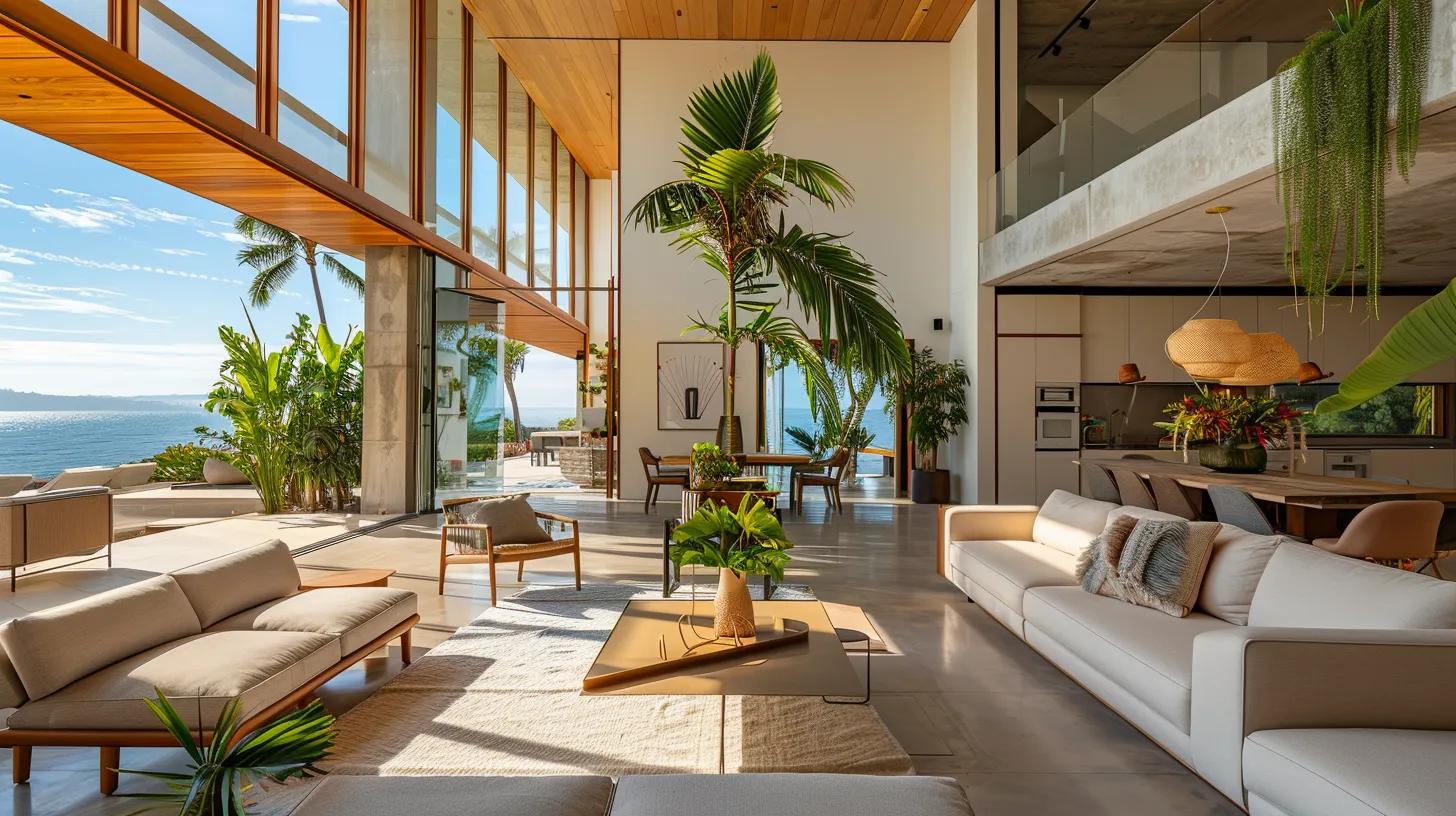 a vibrant modern home showcases an open floor plan with large windows allowing natural light to flood the space, highlighting sleek lines and the raw textures of brutalist architecture against a clear blue sky. a vibrant modern home showcases an open floor plan with large windows allowing natural light to flood the space, highlighting sleek lines and the raw textures of brutalist architecture against a clear blue sky.
