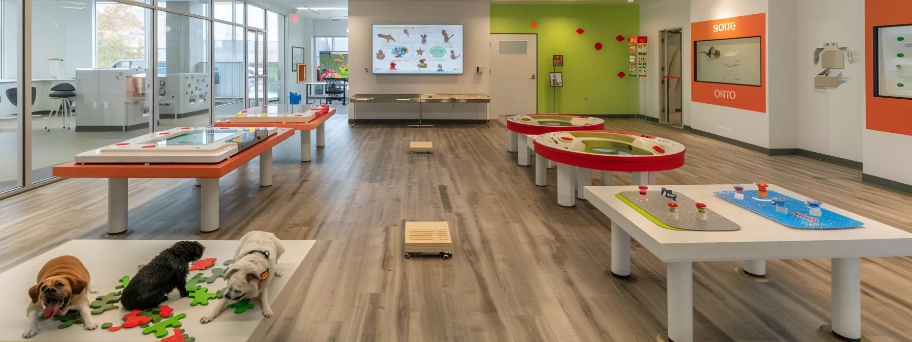 a vibrant, modern indoor pet testing studio showcases a selection of interactive dog puzzles on sleek tables, with enthusiastic dogs engaged in play while their attentive owners observe the cognitive stimulation and behavior improvements in a well-lit, minimalistic space. a vibrant, modern indoor pet testing studio showcases a selection of interactive dog puzzles on sleek tables, with enthusiastic dogs engaged in play while their attentive owners observe the cognitive stimulation and behavior improvements in a well-lit, minimalistic space.