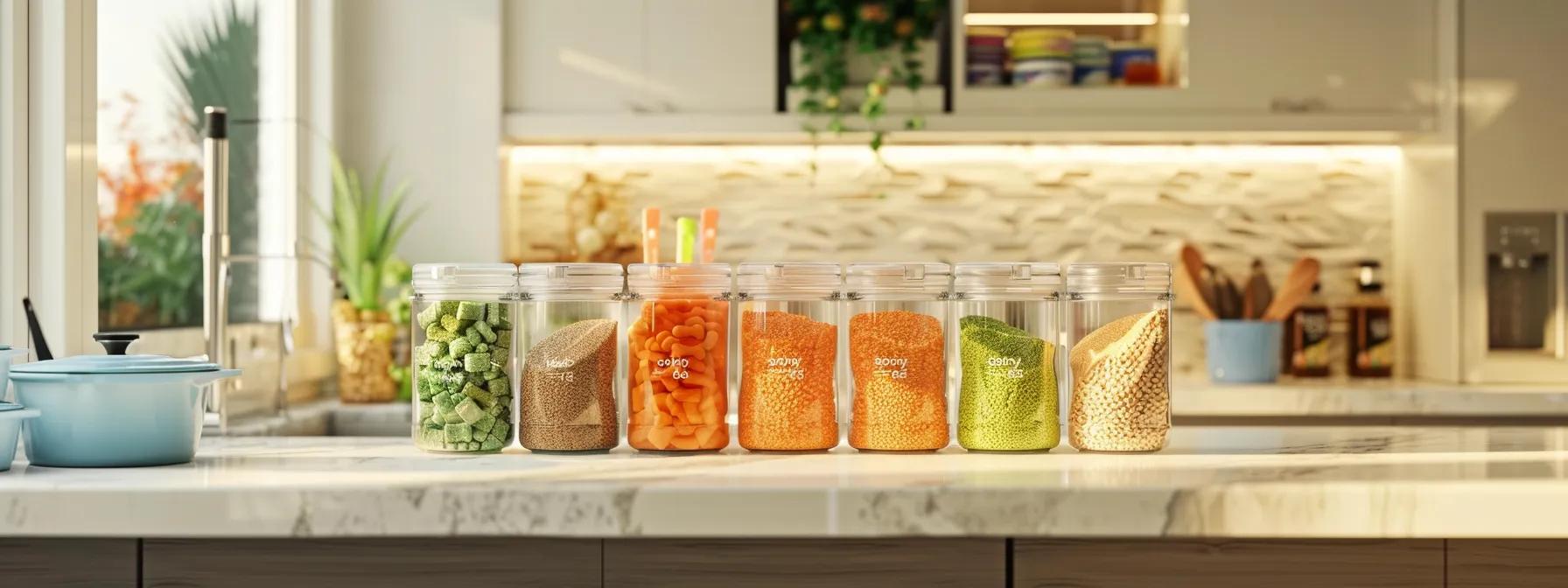 a vibrant, modern kitchen features an array of colorful freeze-dried dog food products artfully arranged on a sleek countertop, highlighting their natural ingredients and nutritional benefits in a clean, professional setting.