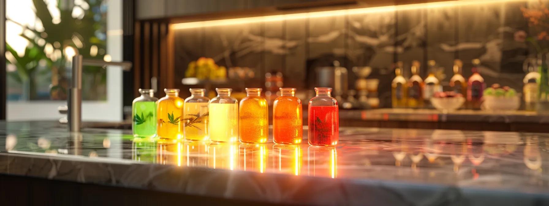 a vibrant, modern kitchen setting showcases an elegantly arranged assortment of colorful thc seltzers on a sleek countertop, illuminated by warm, ambient lighting that conveys a sense of social enjoyment and responsible lifestyle choices. a vibrant, modern kitchen setting showcases an elegantly arranged assortment of colorful thc seltzers on a sleek countertop, illuminated by warm, ambient lighting that conveys a sense of social enjoyment and responsible lifestyle choices.