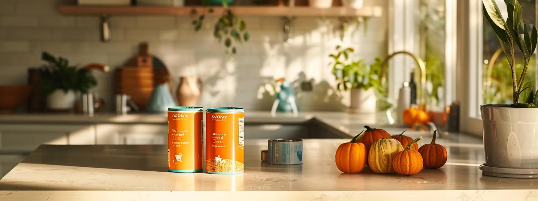 a vibrant, modern kitchen setting showcases an open can of healthy wet cat food, with highlights emphasizing ingredients like rich fish oil, pumpkin, and colorful nutrient labels, all bathed in warm, inviting artificial light to convey a sense of pet care and wellness. a vibrant, modern kitchen setting showcases an open can of healthy wet cat food, with highlights emphasizing ingredients like rich fish oil, pumpkin, and colorful nutrient labels, all bathed in warm, inviting artificial light to convey a sense of pet care and wellness.