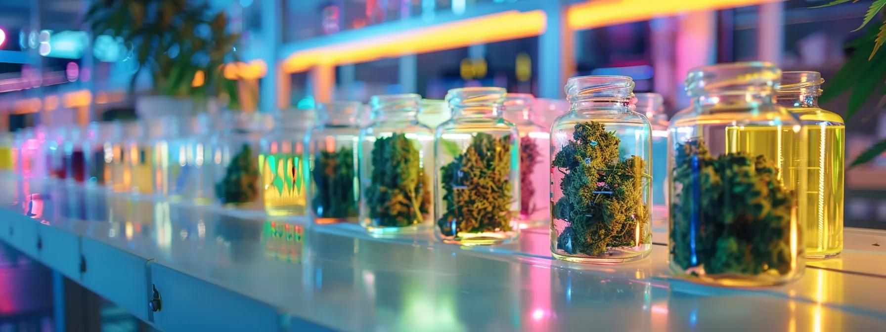 a vibrant, modern laboratory setting showcases various thc strain samples in glass jars, surrounded by colorful charts and infographics that highlight the psychoactive effects and cultivation practices influencing their popularity. a vibrant, modern laboratory setting showcases various thc strain samples in glass jars, surrounded by colorful charts and infographics that highlight the psychoactive effects and cultivation practices influencing their popularity.