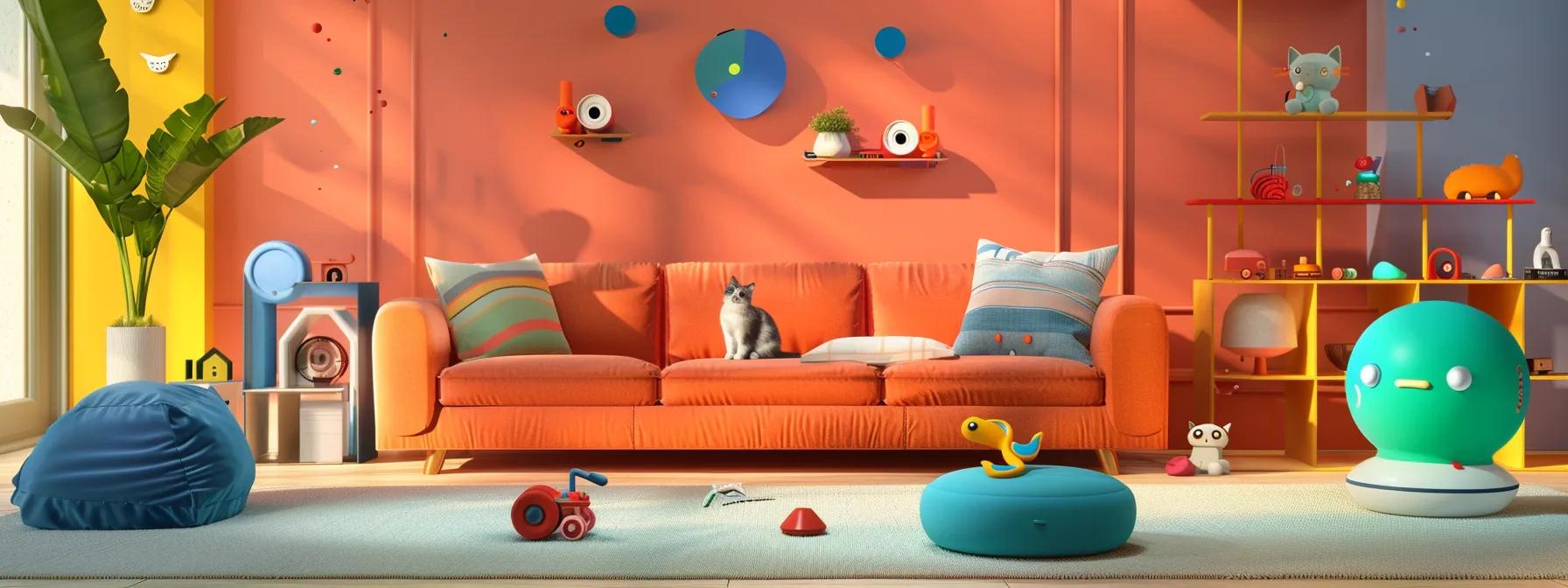 a vibrant, modern living room showcases an array of mechanical and interactive cat toys, featuring sleek designs with buttons and switches, engaging a curious cat as it playfully interacts with a colorful, automated mouse that mimics realistic movements. a vibrant, modern living room showcases an array of mechanical and interactive cat toys, featuring sleek designs with buttons and switches, engaging a curious cat as it playfully interacts with a colorful, automated mouse that mimics realistic movements.