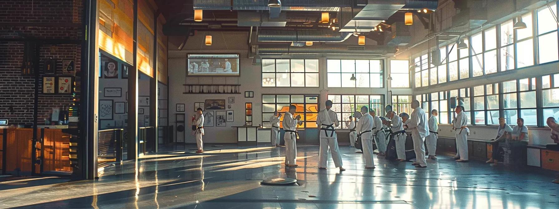 a vibrant, modern martial arts studio filled with engaged students using advanced software on tablets, showcasing lively interactions and community-building activities. a vibrant, modern martial arts studio filled with engaged students using advanced software on tablets, showcasing lively interactions and community-building activities.