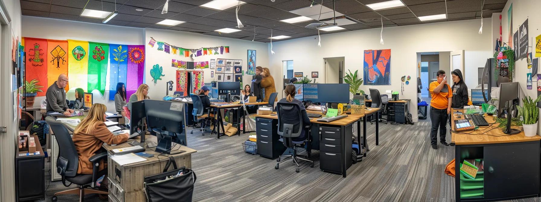 a vibrant, modern office interior showcases a diverse group of enthusiastic workers at ascend cannabis provisions in grand rapids, celebrating their recent vote to join teamsters local 406, with colorful banners and camaraderie radiating throughout the space.