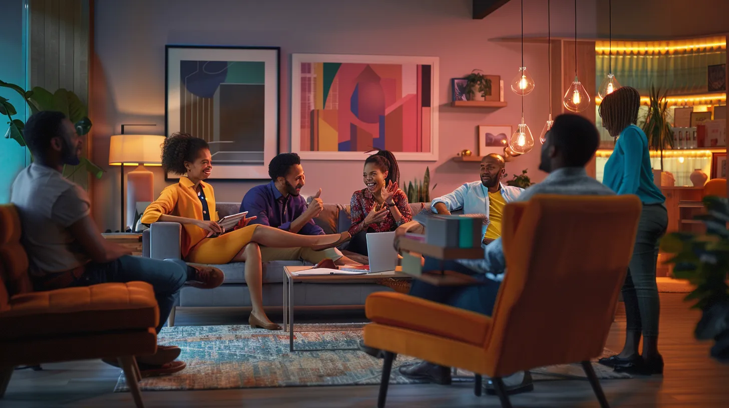 a vibrant, modern office scene featuring a diverse group of enthusiastic first-time homebuyers engaged in a lively discussion with a knowledgeable local real estate agent, surrounded by dynamic charts and financing option brochures, conveying excitement and clarity in the home buying process.