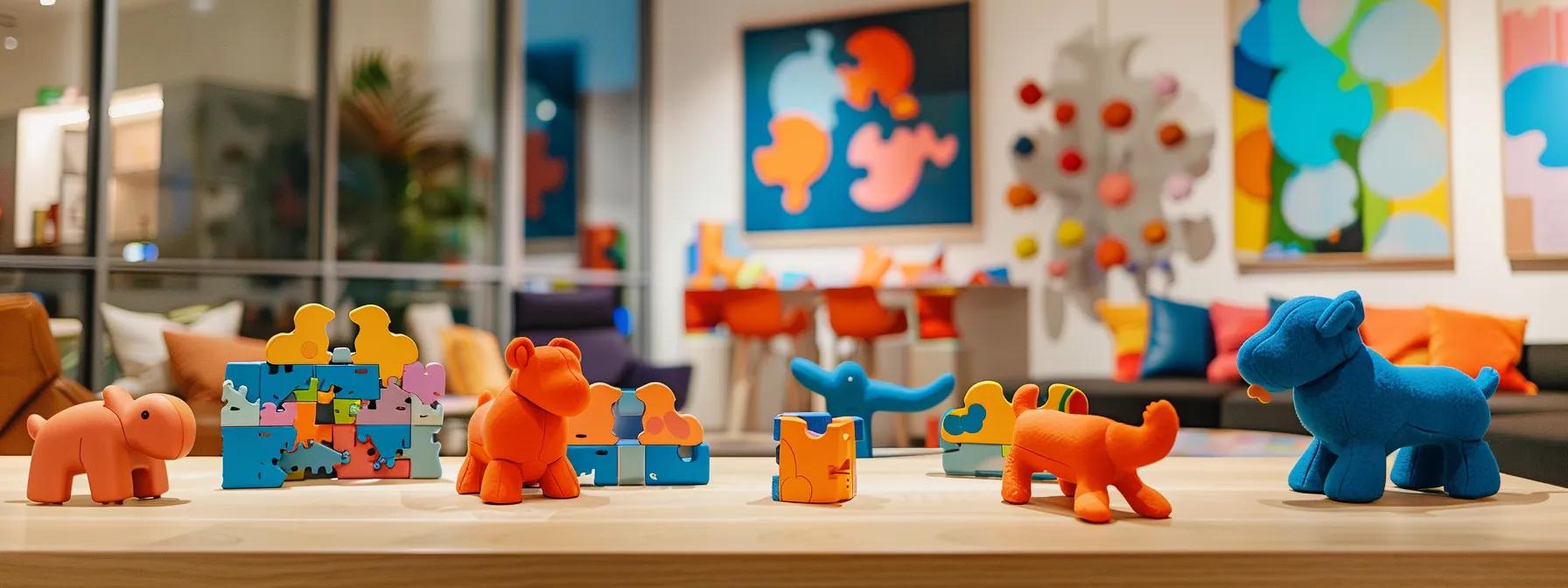a vibrant, modern office setting features a variety of interactive dog puzzles displayed on a sleek table, emphasizing their intricate designs and durability as colorful dog toys engage curious canine onlookers. a vibrant, modern office setting features a variety of interactive dog puzzles displayed on a sleek table, emphasizing their intricate designs and durability as colorful dog toys engage curious canine onlookers.