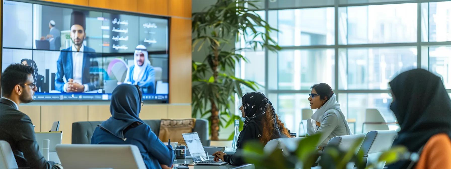 a vibrant, modern office setting in dubai showcases diverse professionals collaborating over digital devices, surrounded by visually engaging arabic content displayed on screens, symbolizing the importance of superior arabic content in enhancing business outreach and cultural connection. a vibrant, modern office setting in dubai showcases diverse professionals collaborating over digital devices, surrounded by visually engaging arabic content displayed on screens, symbolizing the importance of superior arabic content in enhancing business outreach and cultural connection.