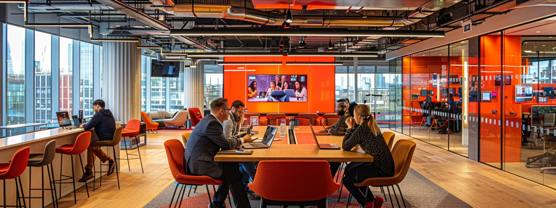 a vibrant, modern office space showcases a diverse group of professionals collaborating around a large table adorned with laptops and digital analytics reports, symbolising the dynamic world of search engine optimisation and online visibility strategies.