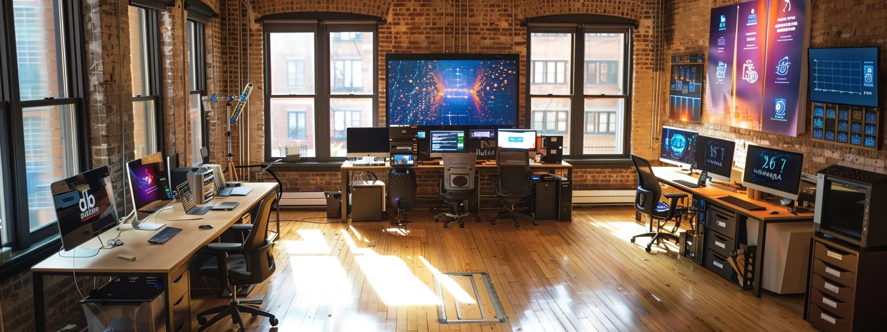 a vibrant, modern office space filled with engaging digital displays showcasing infographics, video presentations, and interactive content, highlighting innovative strategies for enhancing small businesses' online presence and social media outreach. a vibrant, modern office space filled with engaging digital displays showcasing infographics, video presentations, and interactive content, highlighting innovative strategies for enhancing small businesses' online presence and social media outreach.