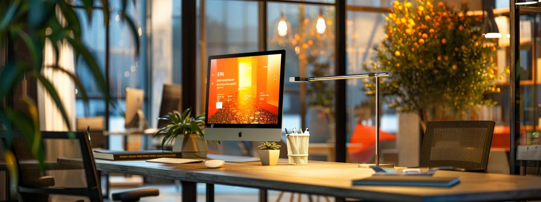 a vibrant, modern office space showcases a sleek computer screen displaying an engaging e-commerce website, illuminated by strategic, warm lighting that highlights user-friendly design elements, symbolizing the synergy between enhanced user experience and increased online sales.