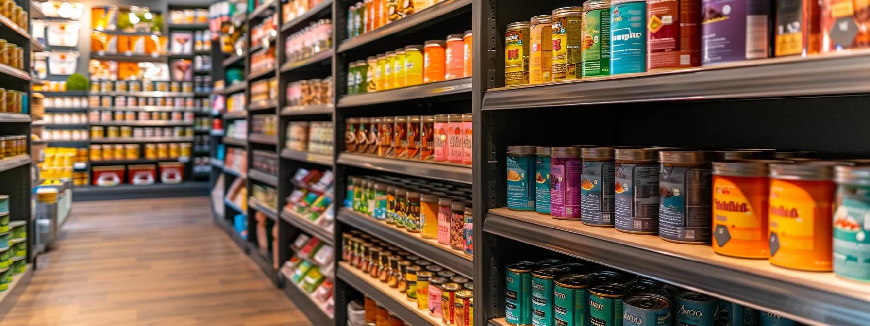 a vibrant, modern pet food store interior showcases neatly arranged shelves stocked with colorful cans of salmon dog food, emphasizing fresh, high-quality ingredients with eye-catching labels and an inviting atmosphere that appeals to discerning pet owners. a vibrant, modern pet food store interior showcases neatly arranged shelves stocked with colorful cans of salmon dog food, emphasizing fresh, high-quality ingredients with eye-catching labels and an inviting atmosphere that appeals to discerning pet owners.