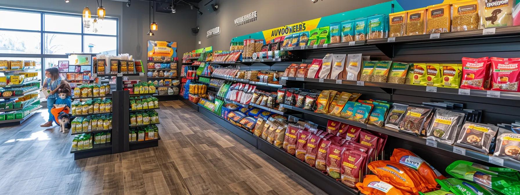 a vibrant, modern pet store interior showcases neatly arranged shelves stocked with colorful bags of avoderm natural pet food and eye-catching promotional signs, creating an inviting atmosphere for pet owners exploring high-quality nutrition options for their pets. a vibrant, modern pet store interior showcases neatly arranged shelves stocked with colorful bags of avoderm natural pet food and eye-catching promotional signs, creating an inviting atmosphere for pet owners exploring high-quality nutrition options for their pets.
