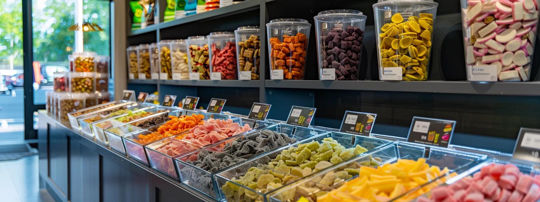 a vibrant, modern pet supply store displays an array of colorful freeze-dried dog treats in clear containers, highlighting their nutritious appeal with sleek, minimalist branding that emphasizes health benefits and quality. a vibrant, modern pet supply store displays an array of colorful freeze-dried dog treats in clear containers, highlighting their nutritious appeal with sleek, minimalist branding that emphasizes health benefits and quality.