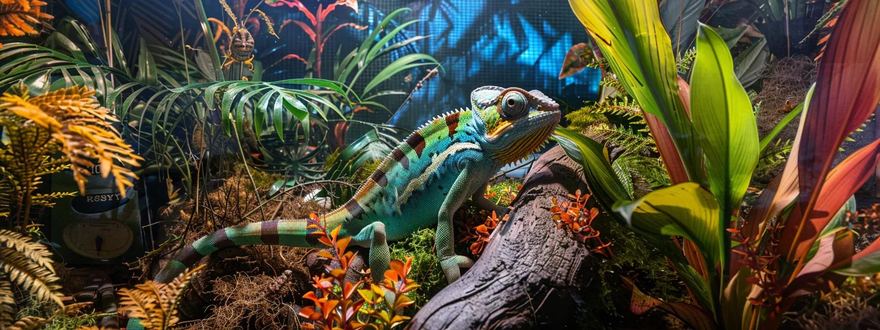 a vibrant, modern reptile habitat showcasing a well-fed veiled chameleon nestled among colorful live insects, with temperature and uvb lighting gauges prominently displayed in a sleek, meticulously organized terrarium setting.