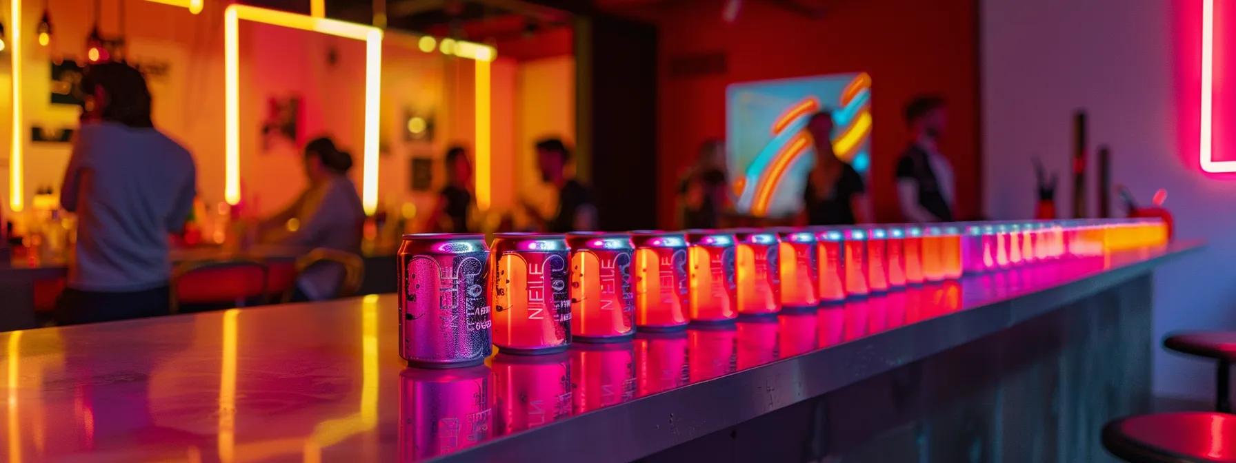 a vibrant, modern urban lounge features elegantly arranged cans of anomaly's thc-infused seltzers, illuminated by a sleek, soft neon glow that enhances the atmosphere of connection and relaxation among stylishly dressed patrons engaged in easy conversation. a vibrant, modern urban lounge features elegantly arranged cans of anomaly's thc-infused seltzers, illuminated by a sleek, soft neon glow that enhances the atmosphere of connection and relaxation among stylishly dressed patrons engaged in easy conversation.