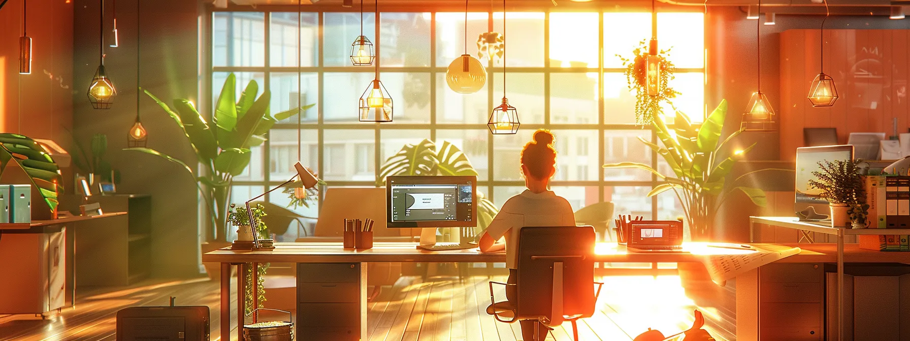a vibrant, modern workspace featuring a focused copywriter crafting compelling content, with visual elements symbolizing brand growth and engagement, illuminated by warm, inviting natural light filtering through large windows. a vibrant, modern workspace featuring a focused copywriter crafting compelling content, with visual elements symbolizing brand growth and engagement, illuminated by warm, inviting natural light filtering through large windows.
