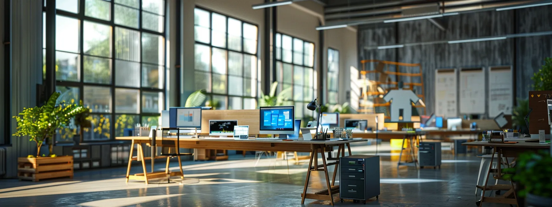 a vibrant, modern workspace filled with architectural models and digital screens showcasing stunning project visualizations and interactive networking platforms, bathed in warm natural light to inspire creativity and collaboration.