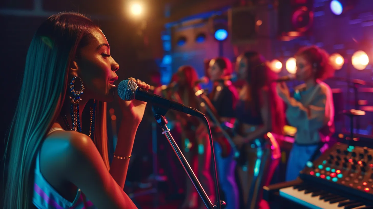 a vibrant music studio showcases a diverse group of singers passionately performing, with colorful sound panels and equipment reflecting the range of vocal styles and emotions.