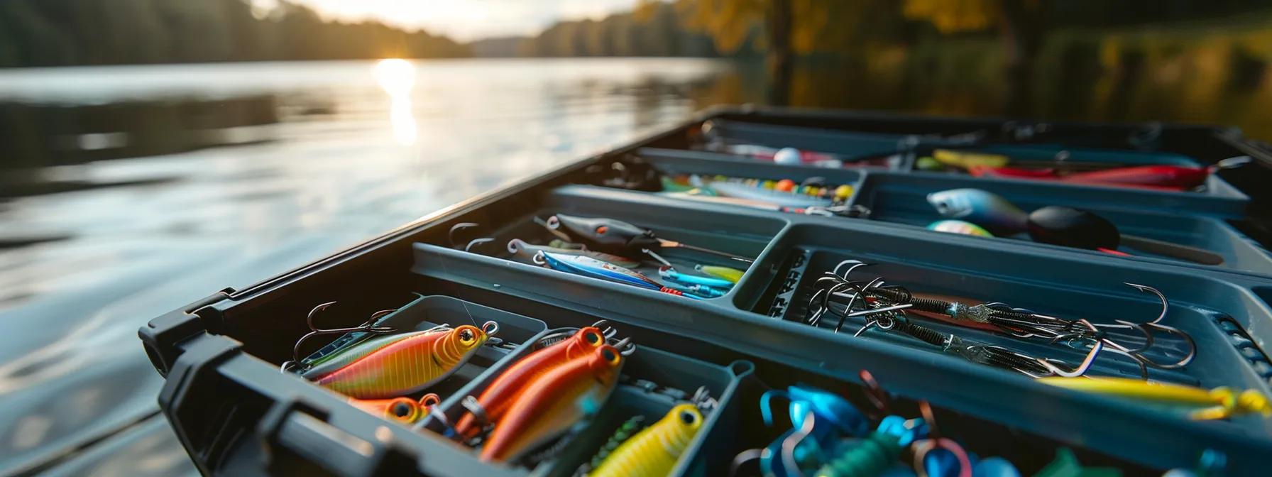 a vibrant, neatly organized fishing tackle box brimming with colorful lures, gleaming hooks, and compact tools, set against the serene backdrop of a tranquil lake. a vibrant, neatly organized fishing tackle box brimming with colorful lures, gleaming hooks, and compact tools, set against the serene backdrop of a tranquil lake.