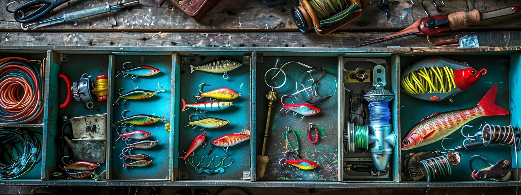 a vibrant, neatly organized fishing tackle box brimming with colorful lures and neatly arranged tools sits on a rustic wooden table, inviting adventure on the water. a vibrant, neatly organized fishing tackle box brimming with colorful lures and neatly arranged tools sits on a rustic wooden table, inviting adventure on the water.