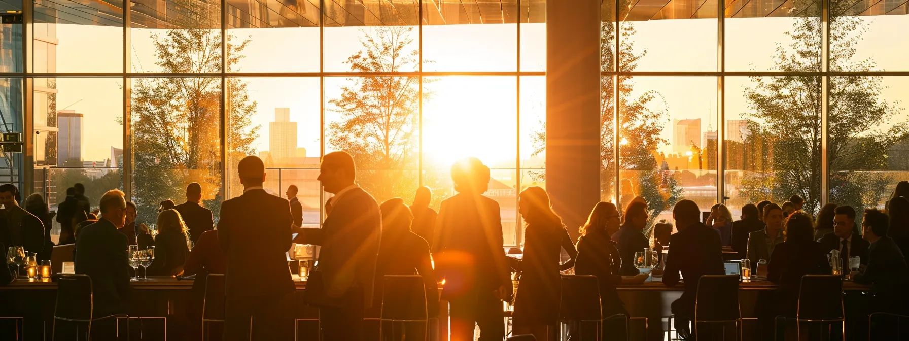 a vibrant networking event where a diverse group of architects engages in dynamic discussions, illuminated by warm, natural light filtering through large windows, showcasing their innovative designs on digital devices.
