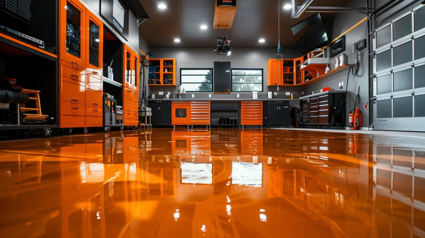a vibrant, newly finished epoxy resin garage floor gleams under warm overhead lighting, showcasing its durable finish and inviting aesthetic, while hints of tools and materials suggest the transformative process behind this cost-effective upgrade. a vibrant, newly finished epoxy resin garage floor gleams under warm overhead lighting, showcasing its durable finish and inviting aesthetic, while hints of tools and materials suggest the transformative process behind this cost-effective upgrade.