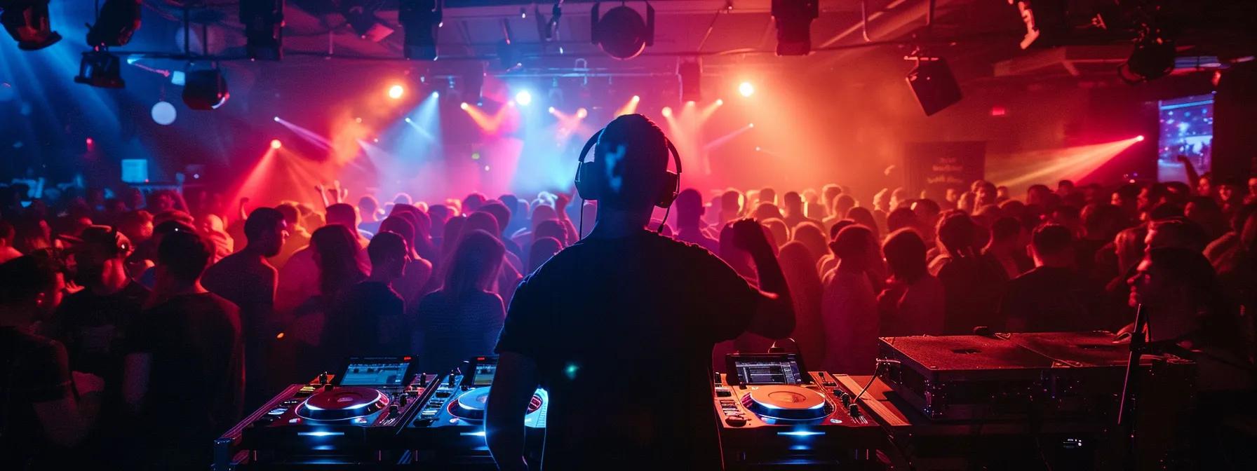 a vibrant nightlife scene in a bustling laval venue, showcasing a dynamic dj in action behind a high-tech sound system, with colorful lighting illuminating an engaged crowd dancing and enjoying the immersive entertainment experience.