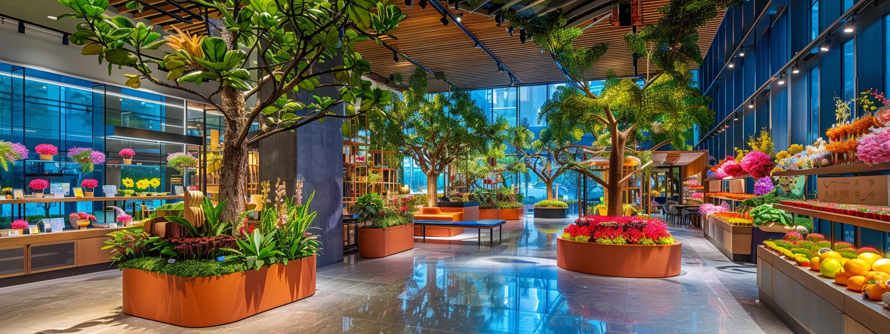 a vibrant nursery display showcasing an array of meticulously arranged ornamental flowering trees, fast-growing shade trees, and fruit-bearing species in neatly labeled pots, set against a modern indoor retail backdrop with soft, diffused lighting. a vibrant nursery display showcasing an array of meticulously arranged ornamental flowering trees, fast-growing shade trees, and fruit-bearing species in neatly labeled pots, set against a modern indoor retail backdrop with soft, diffused lighting.