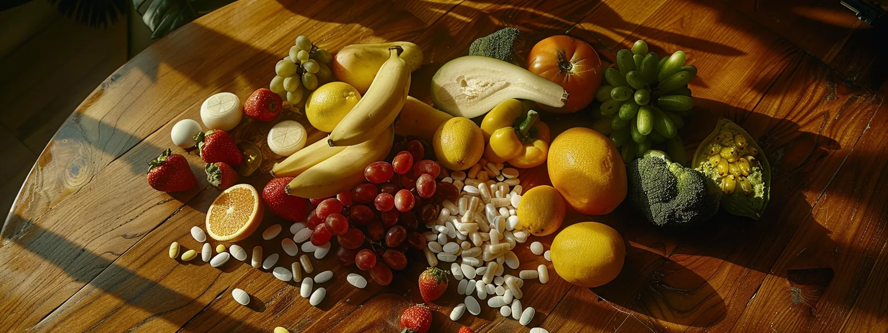 a vibrant, nutrient-rich spread of colorful fruits, vegetables, and supplements, artfully arranged on a wooden table, capturing the essence of health and wellness through vitamins and electrolytes.