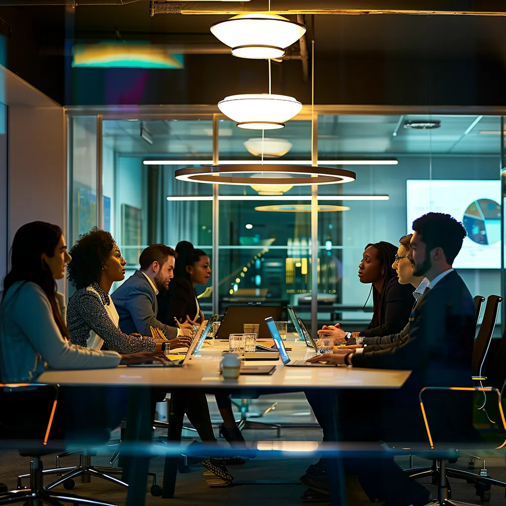 a vibrant office brainstorming session captures a diverse group of professionals passionately exchanging ideas around a sleek conference table, illuminated by modern pendant lights.