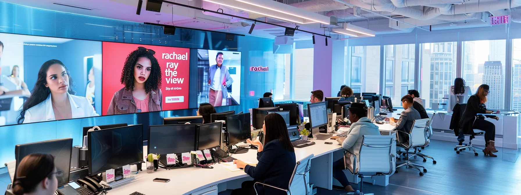 a vibrant office environment bustling with pr professionals crafting dynamic pitches, surrounded by vibrant visuals of popular new york tv shows like 